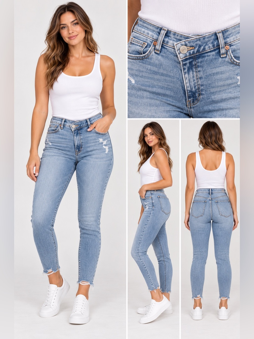 Abercrombie & Fitch Asymmetrical Button Closure Light Wash Ankle Cropped Jeans